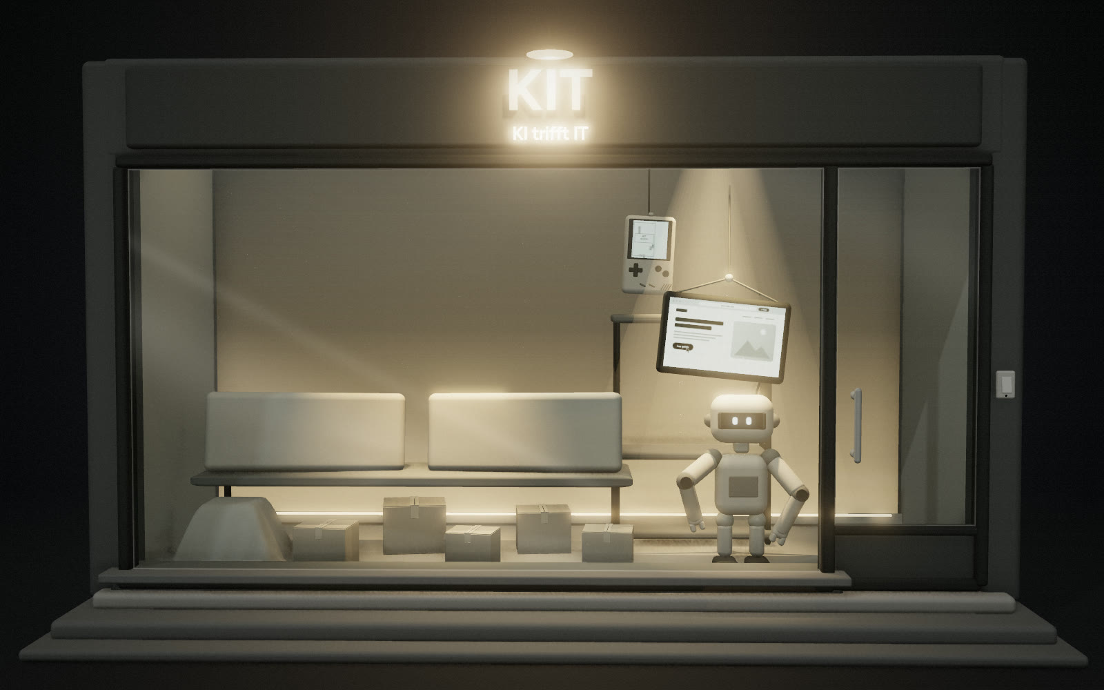 Die Ladenfront von KIT am Abend: warm beleuchtetes Schild, ein kleiner Roboter vor einem Bildschirm, ein hängendes Spielgerät und Kartons im Schaufenster.